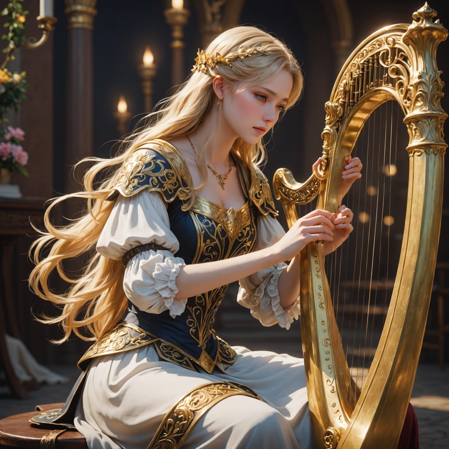 Blond Harpy Playing Harp in Anime Style