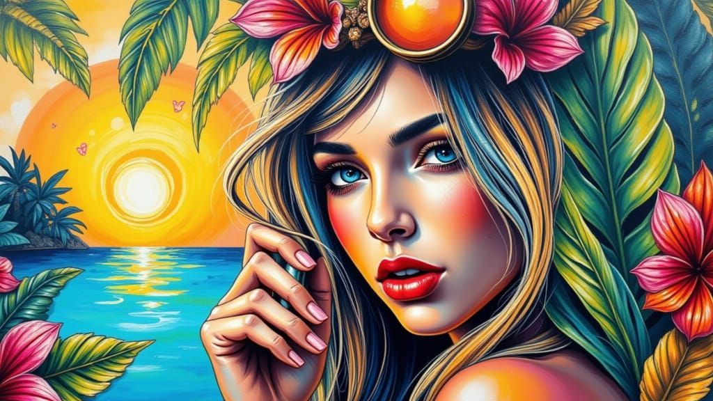 Vibrant Tropical Goddess in Neo-Impressionist Oil Painting