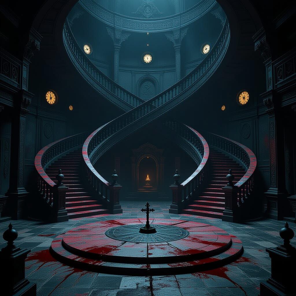 Symmetric Hall with Blood-Red Staircases and Spectral Realms
