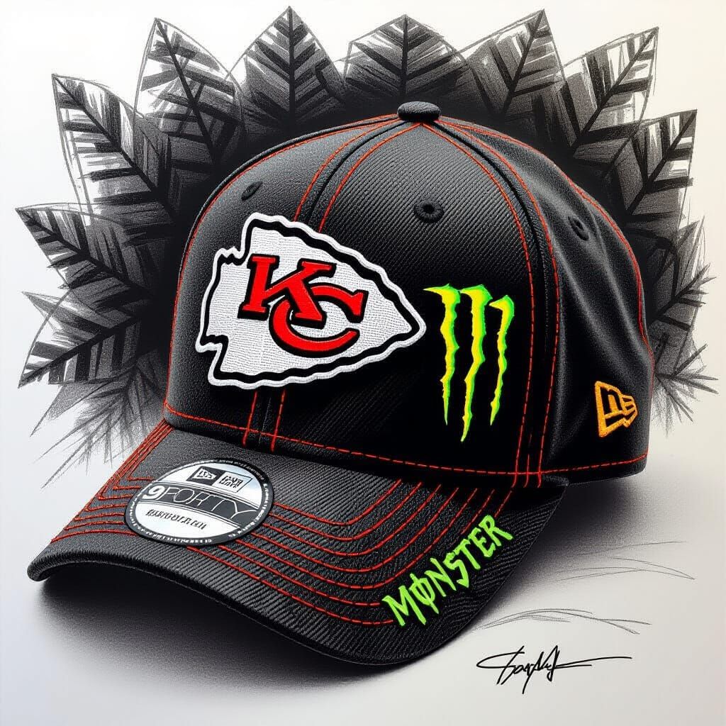 Chiefs and Monster Logos on Cap, Charcoal Drawing