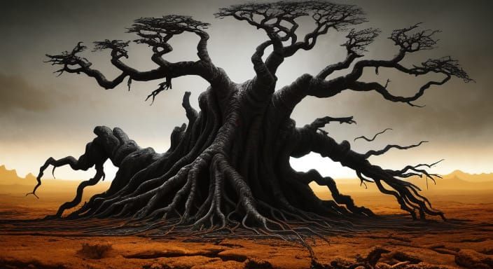 Ancient Tree in a Surreal, Golden Hour Landscape