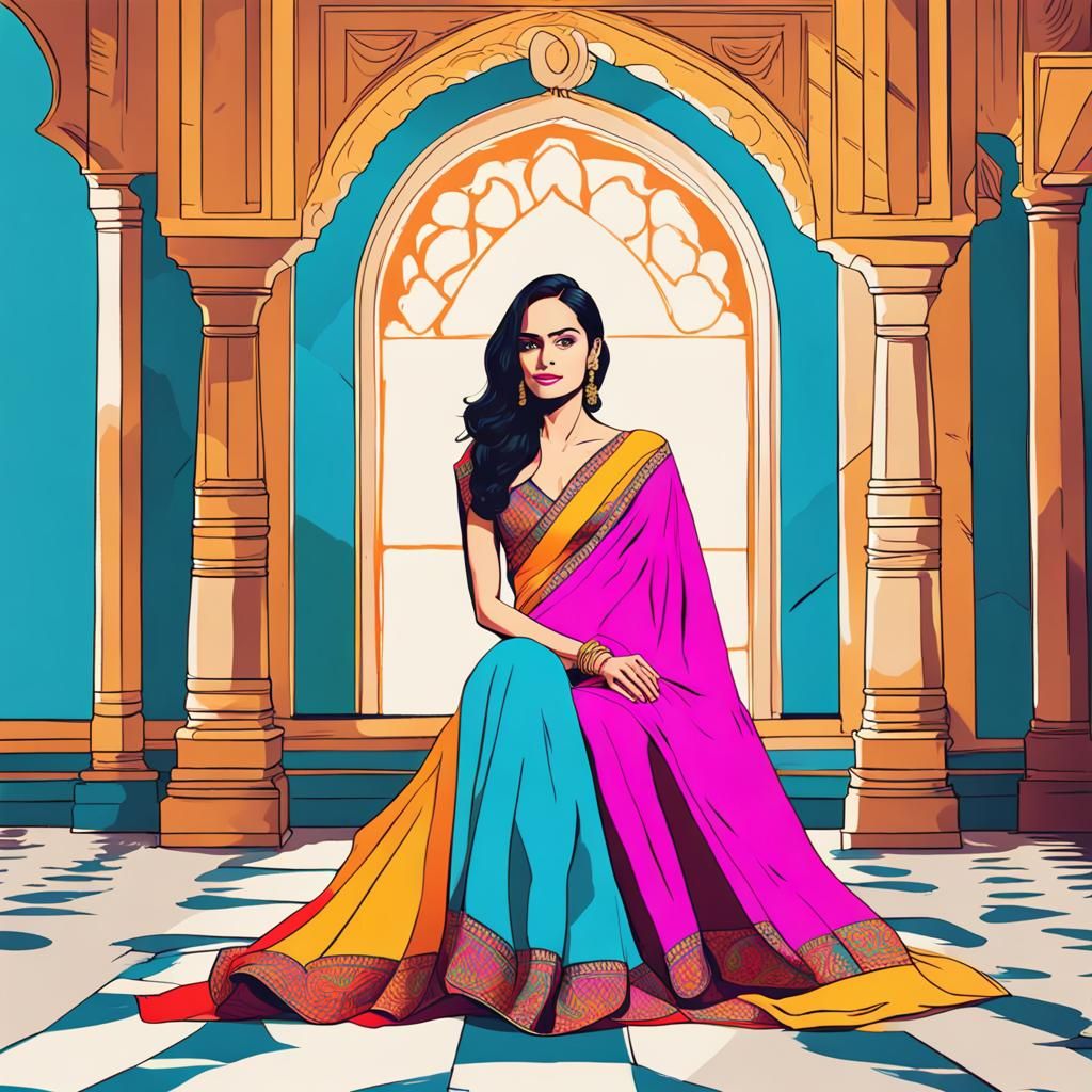 Manushi Chhillar, Indian Queen in saree, sitting on thrown, South Indian style palace interior baground.