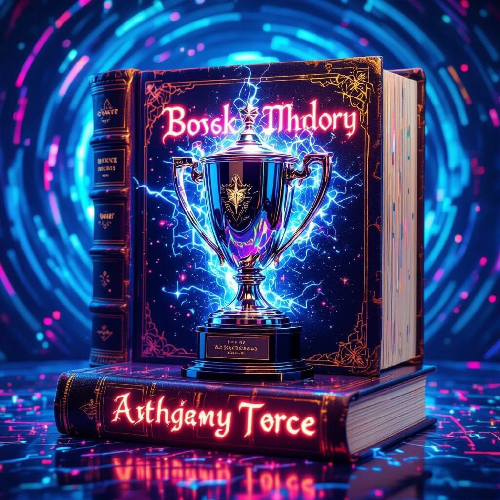 Hyperrealistic Book Trophy with Glowing Runes