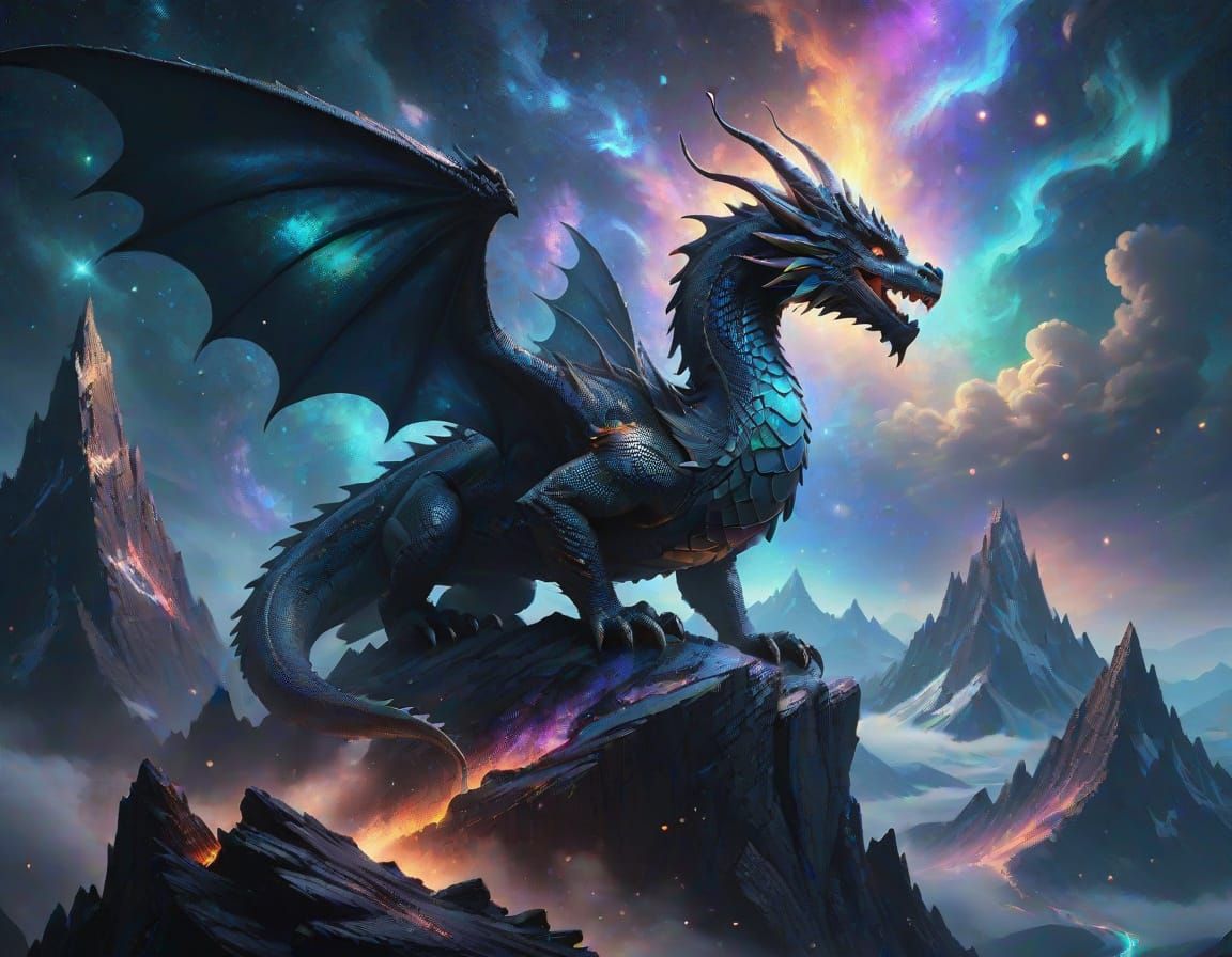Majestic Dragon on Obsidian Peak Overlooking Nebula
