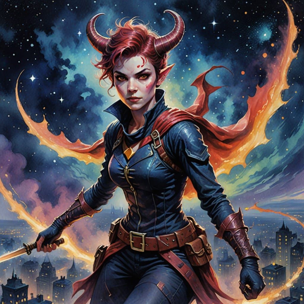 Vibrant Alt Punk Tiefling Hero Soars Through Starry Night Sk...
