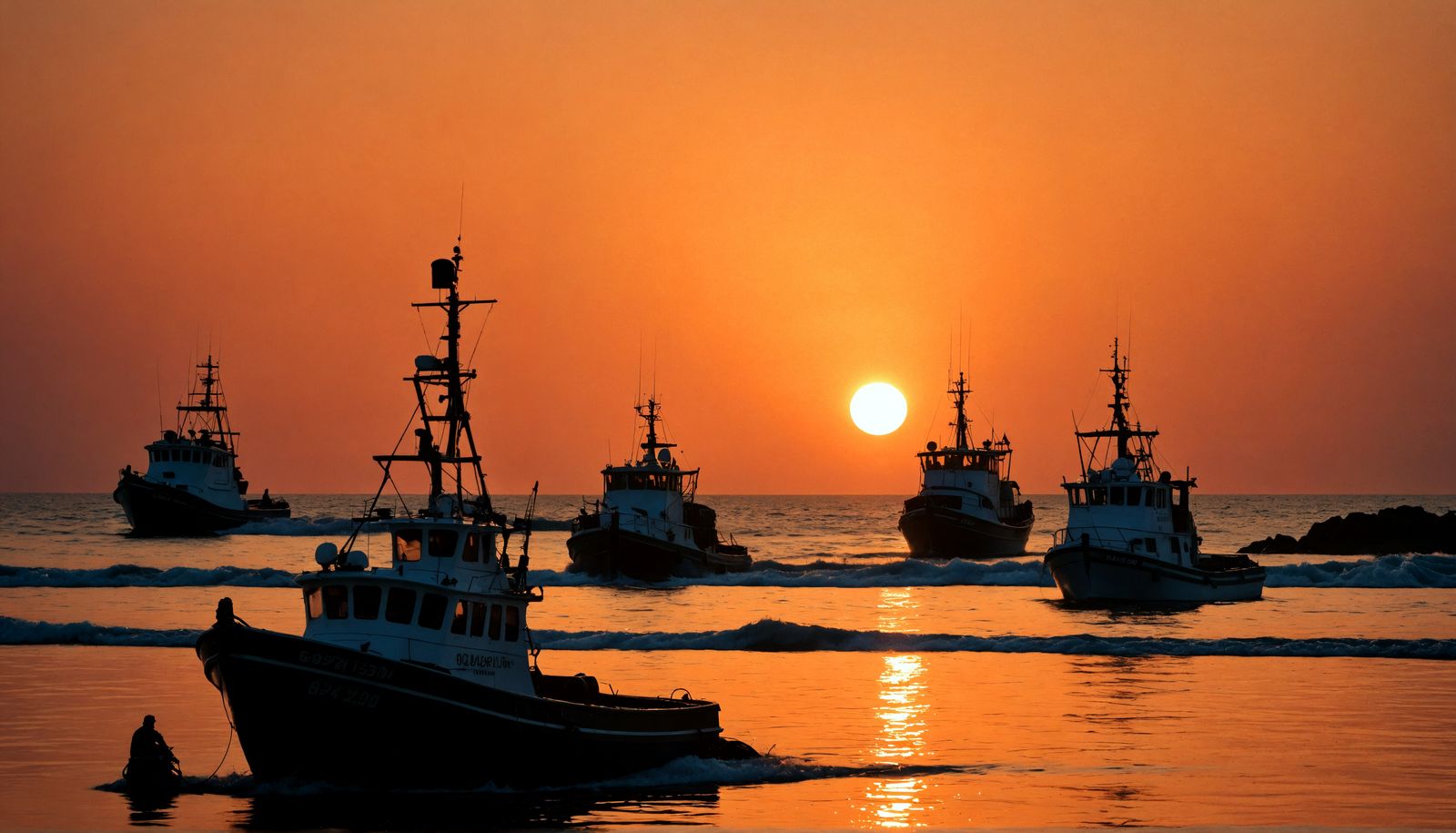 Sunset Fishing Boats: Hyperrealistic Cinematic Ocean Scene
