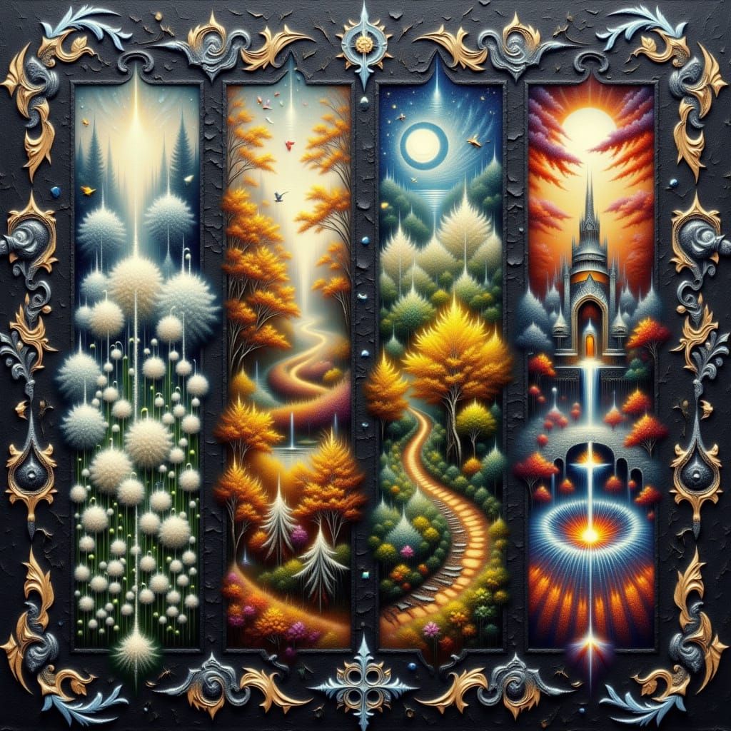 Mystical Stone Wall with Whimsical Four-Panel Artwork