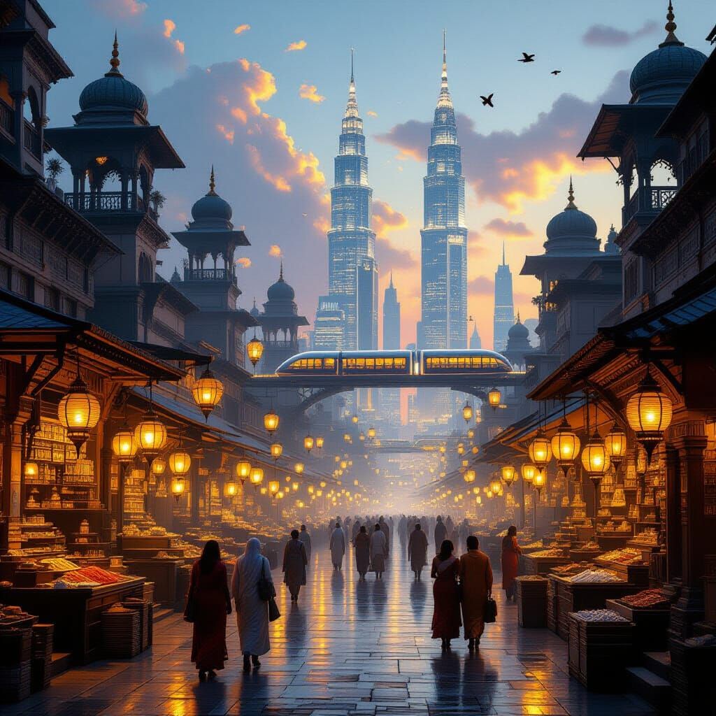 Timeless Indian Marketplace with Futuristic Cityscape