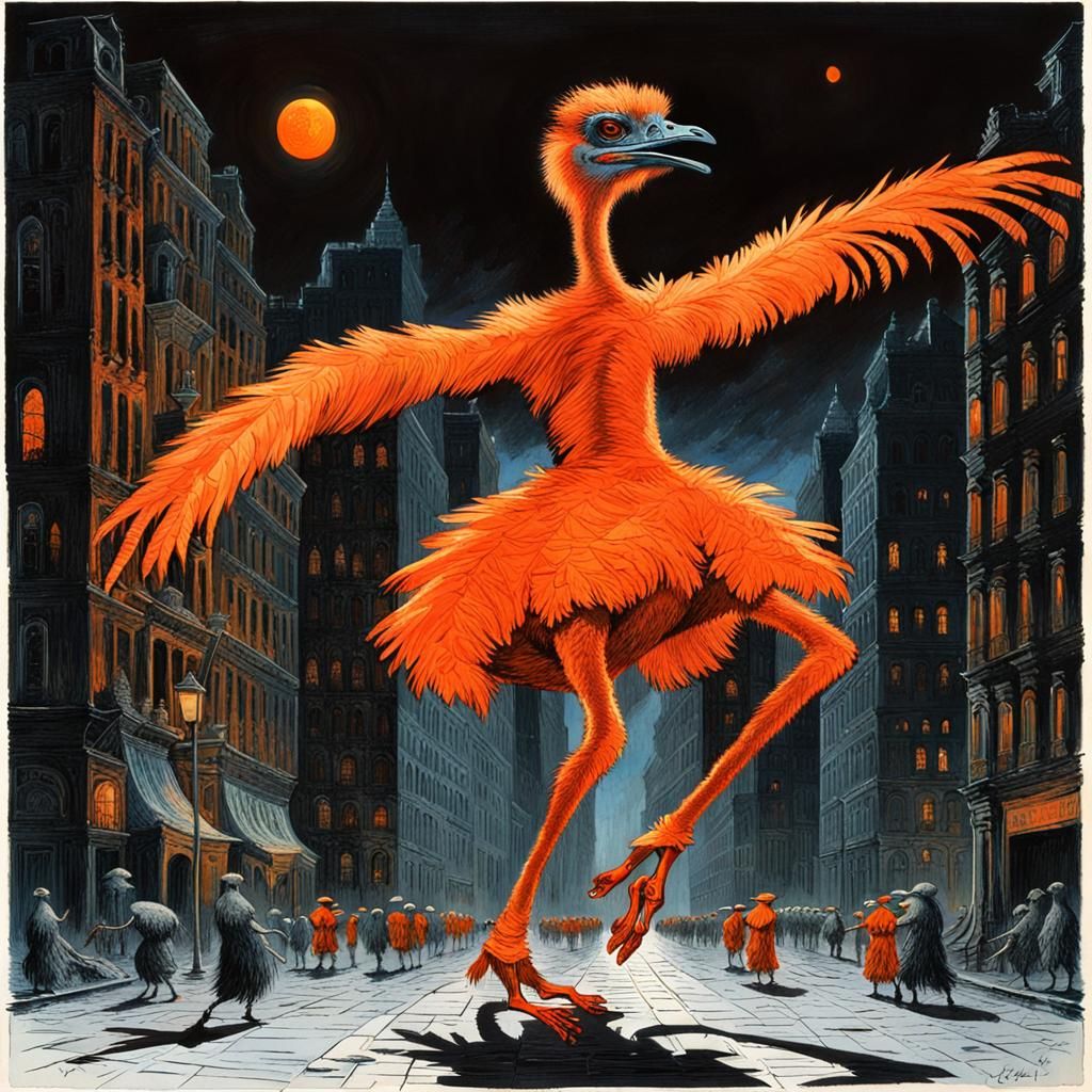 Orange Ostrich Dances in Dark City, Impasto Horror