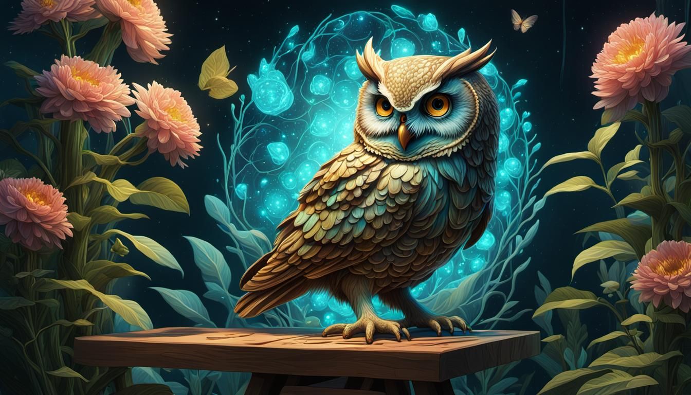 Bioluminescent Owl Artist in a Mystic Garden