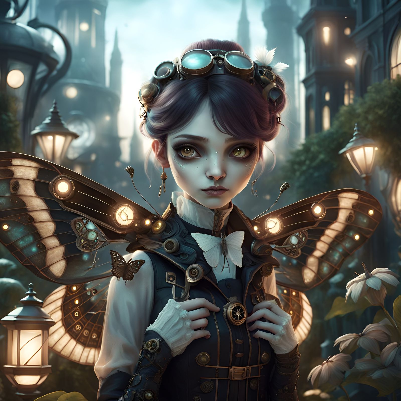 Steampunk Moth Girl in Wonderland Garden