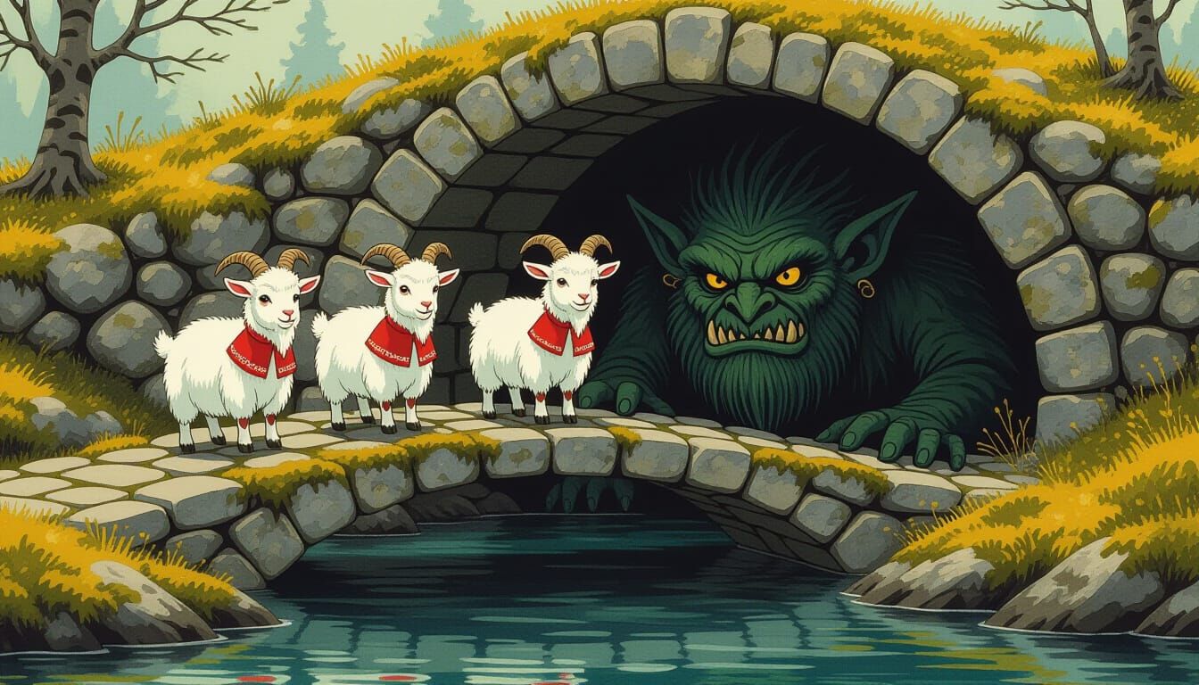 Goats Encounter Grotesque Troll on Stone Bridge