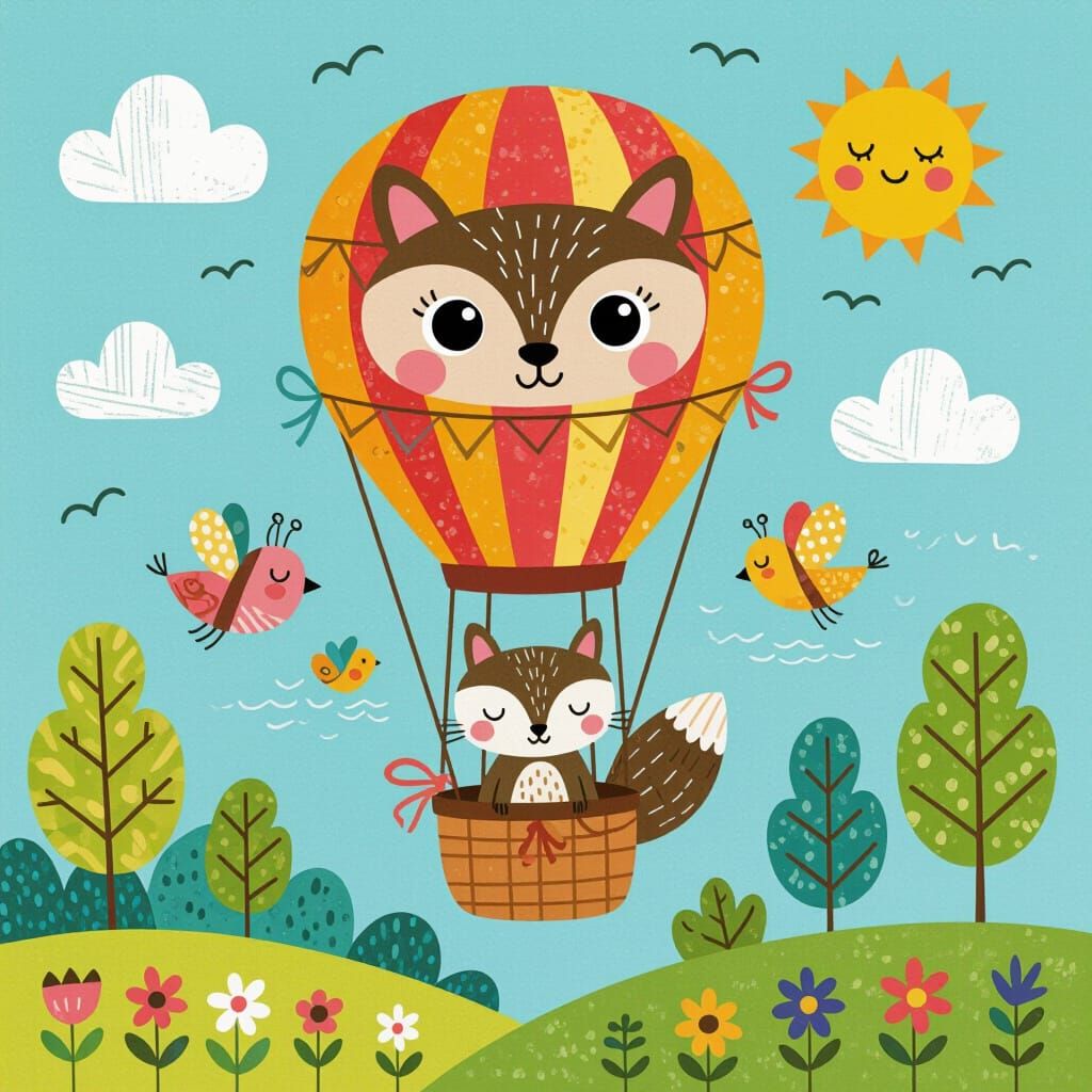 Whimsical Hot Air Balloon Woodland Creature Art