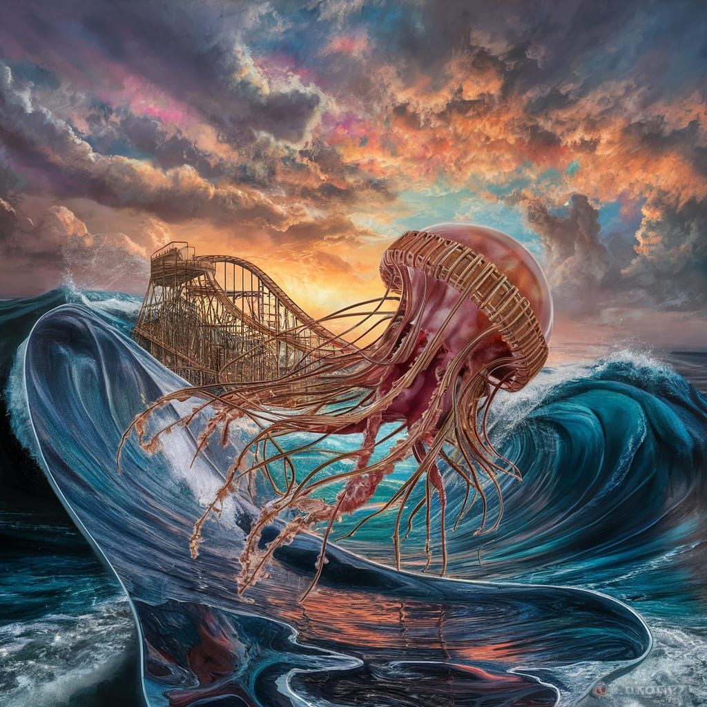 jellyfish with a lazer cut wooden roller-coaster.