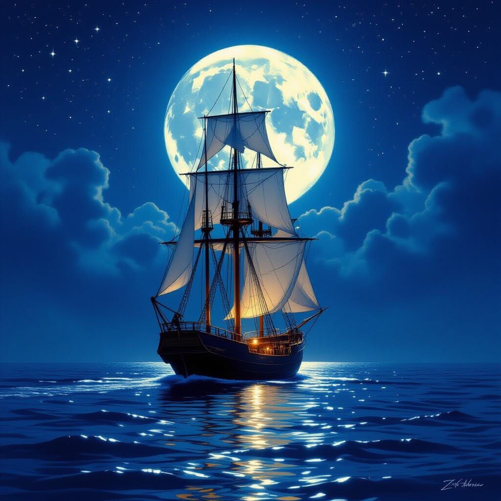 Moonlit Ship on Calm Seas in Romantic Style