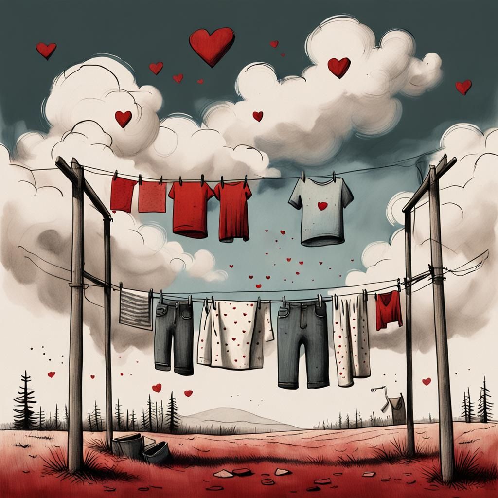 Clothes Drying: Sketch Illustration with Red Hearts