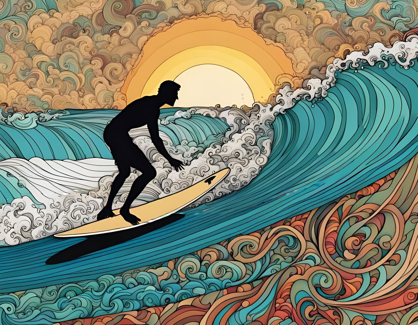 Surfer Silhouette on Sunset Wave in Zentangle Style