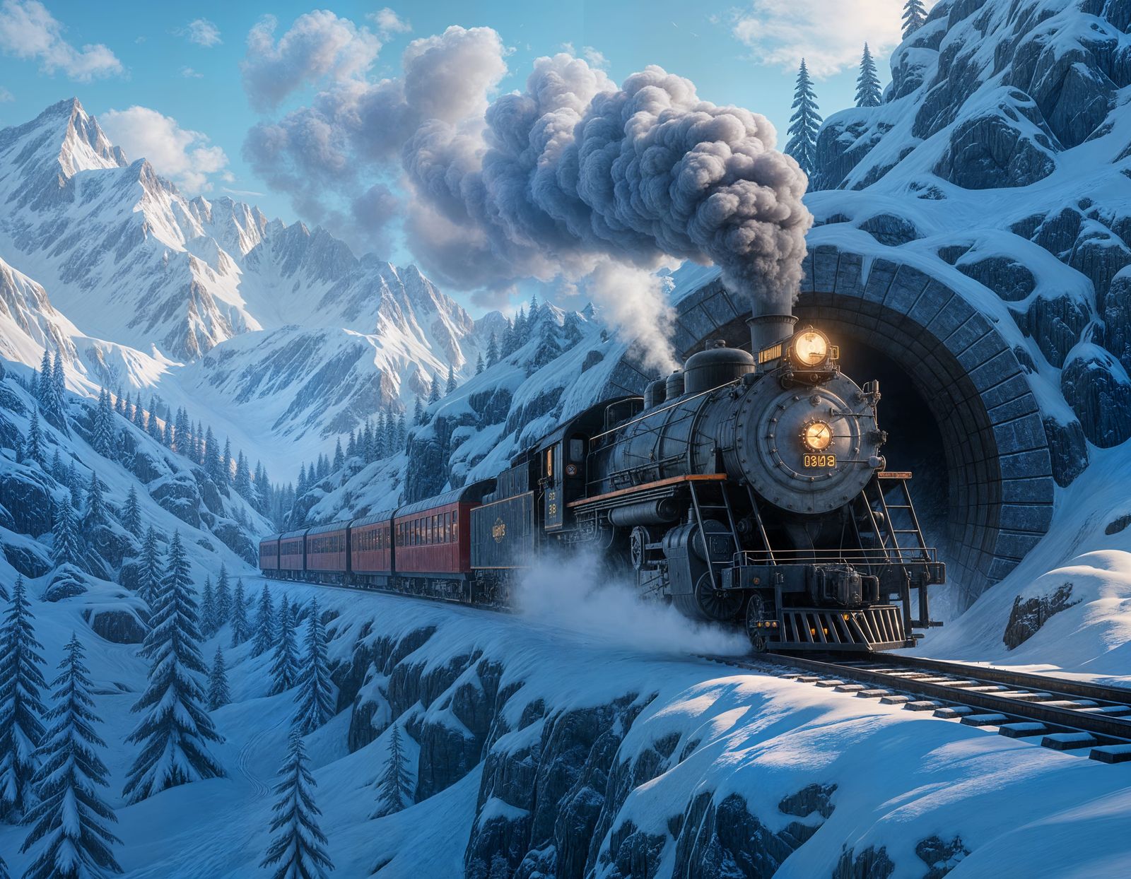 Steam Locomotive on Frozen Mountain Pass Matte Painting