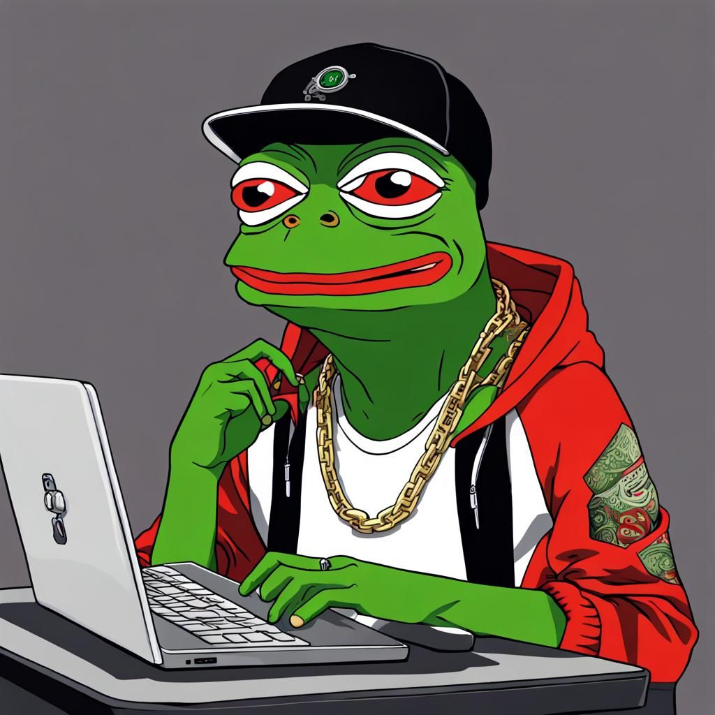 Make a meme with pepe the frog with binary code in red or green behind him like a background, pepe is 
sitting behind hi...