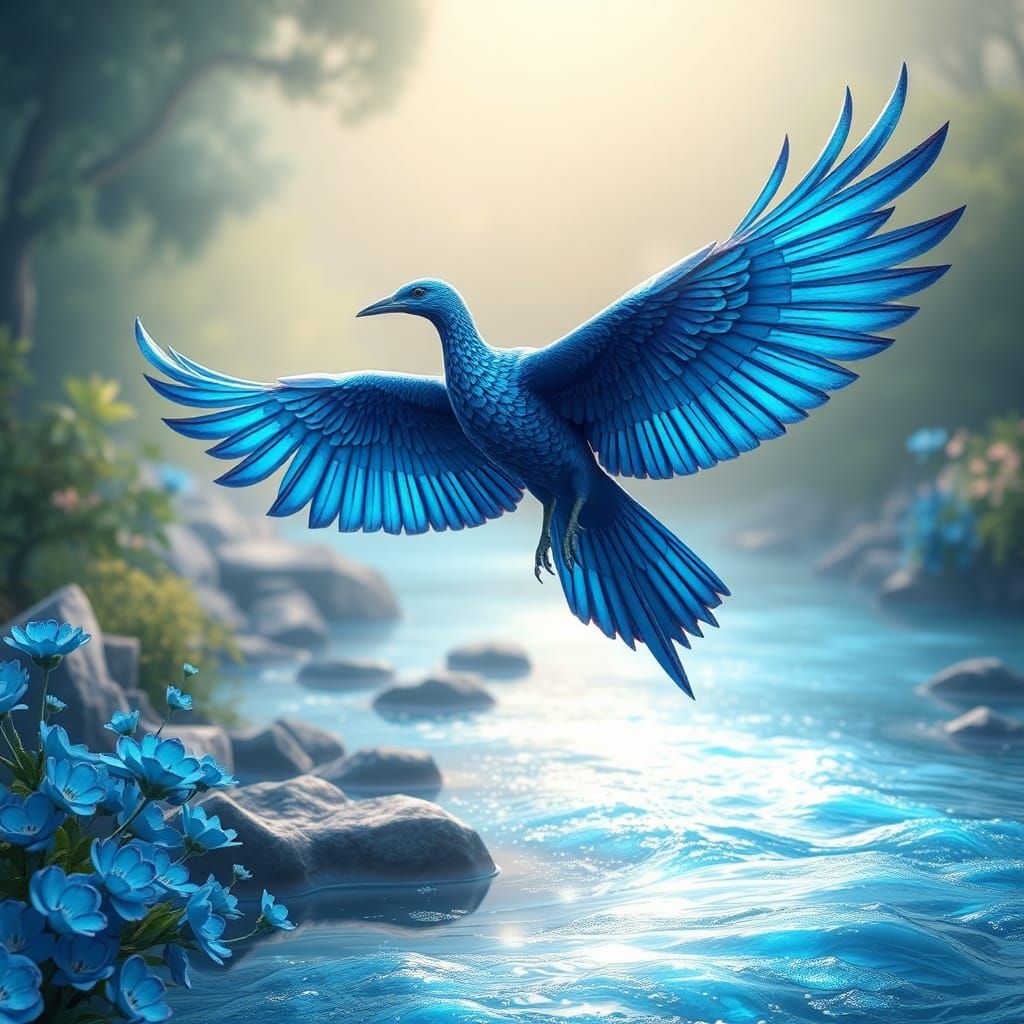 Majestic Blue Bird Soaring Above Luminous River