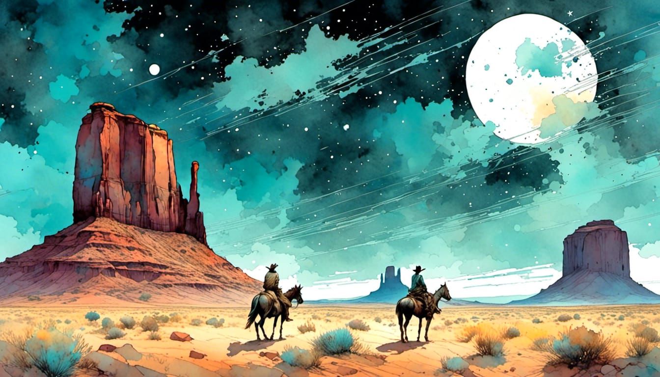 Cowboy Rides Through Monument Valley at Night