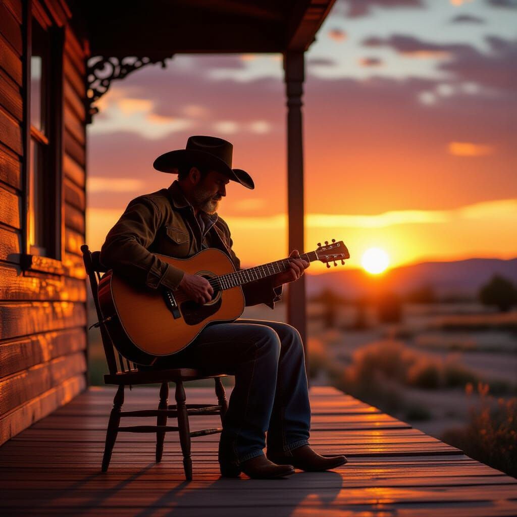 Cowboy Guitarist at Fiery Sunset in Matte Painting Style