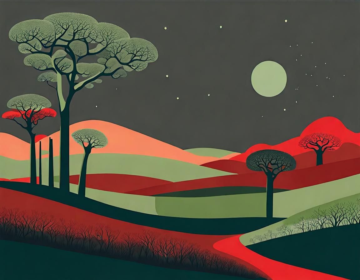 Minimalist Baobab Landscape in Ukiyo-e Style