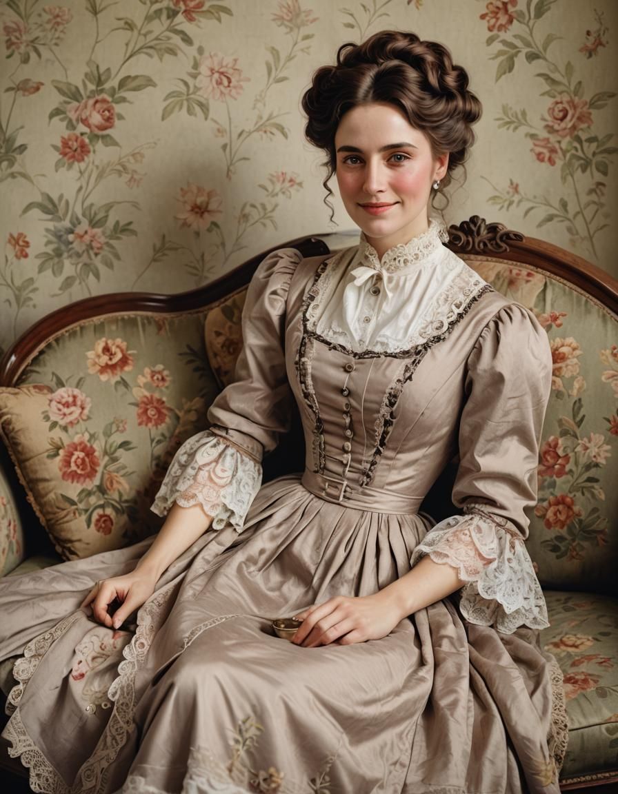 A beautiful young Victorian woman in a tea dress lounging on...