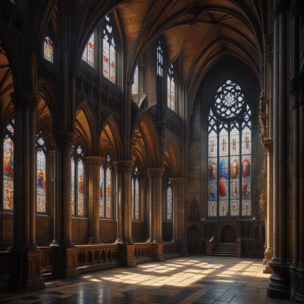 Gothic Cathedral Interior and Exterior Oil Painting