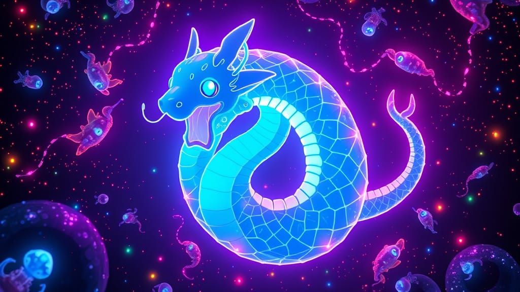 Vibrant Chibi Sea Serpent in Neon Cosmos