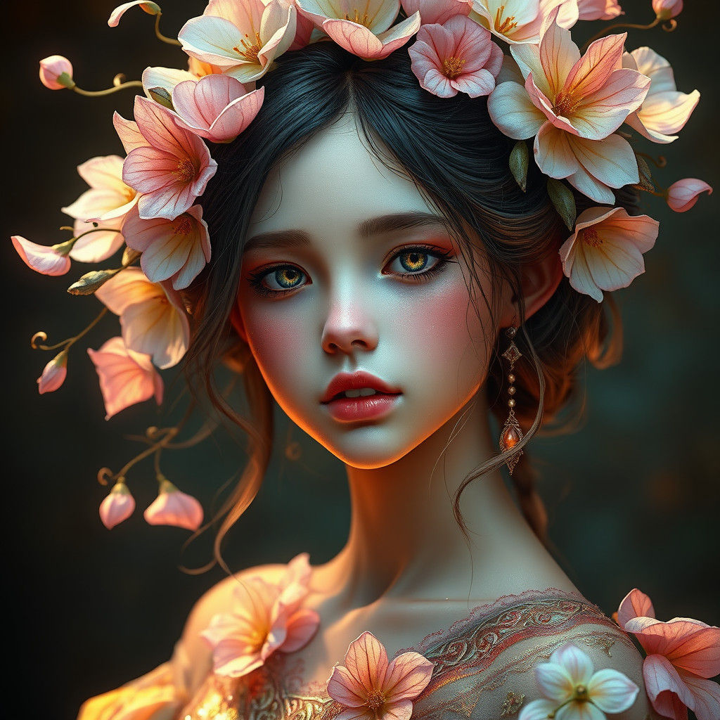 Ethereal Flower Girl Portrait in Art Nouveau Style