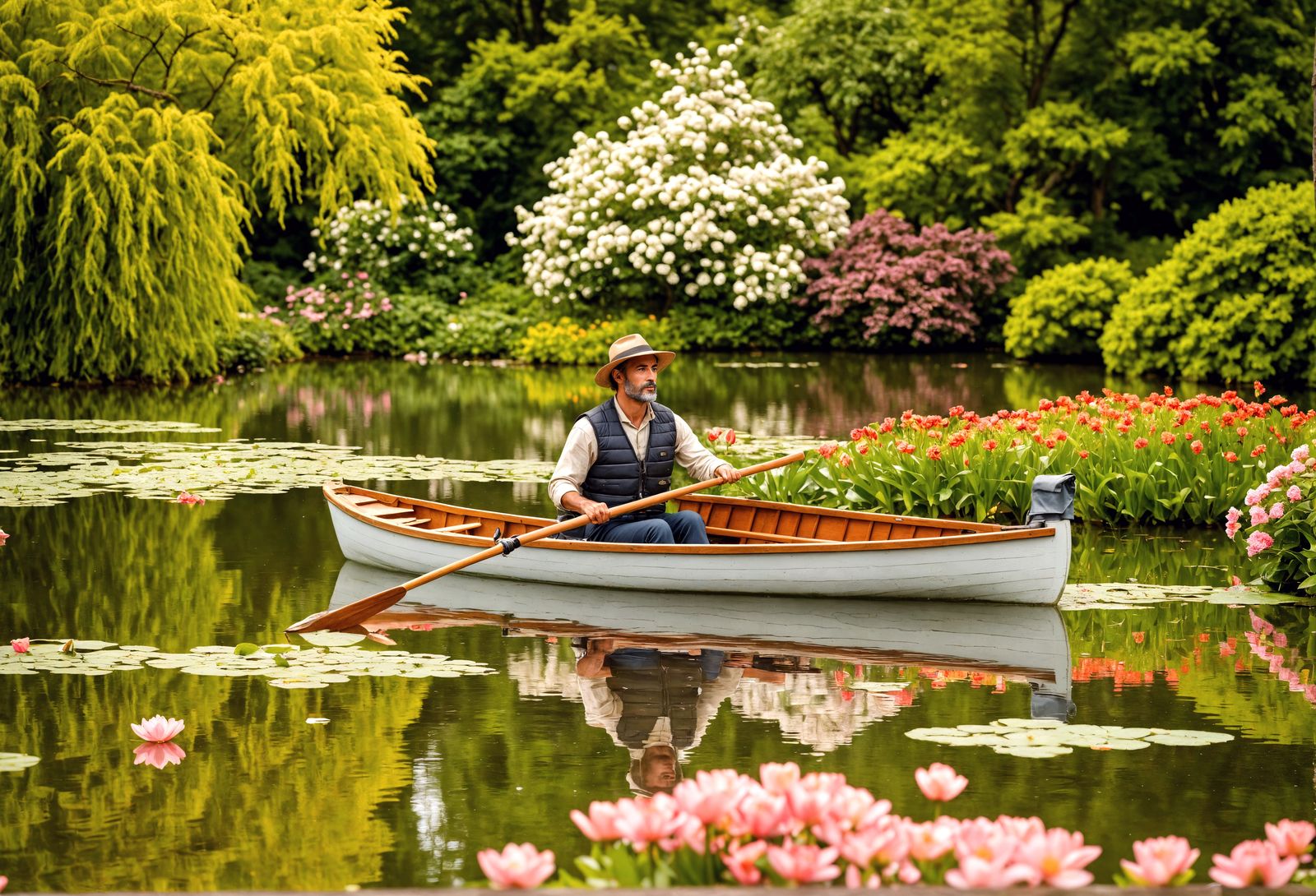 A Man in a Serene Botanical Garden Landscape