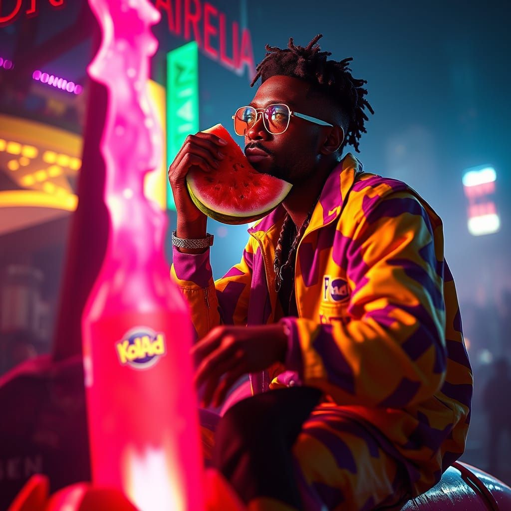 Man on Rocket Eating Watermelon: Fantasy Art