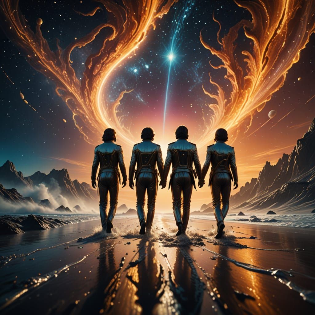 Cosmic Beatles: Surfing Comet's Golden Tail in Hyper-Realist...