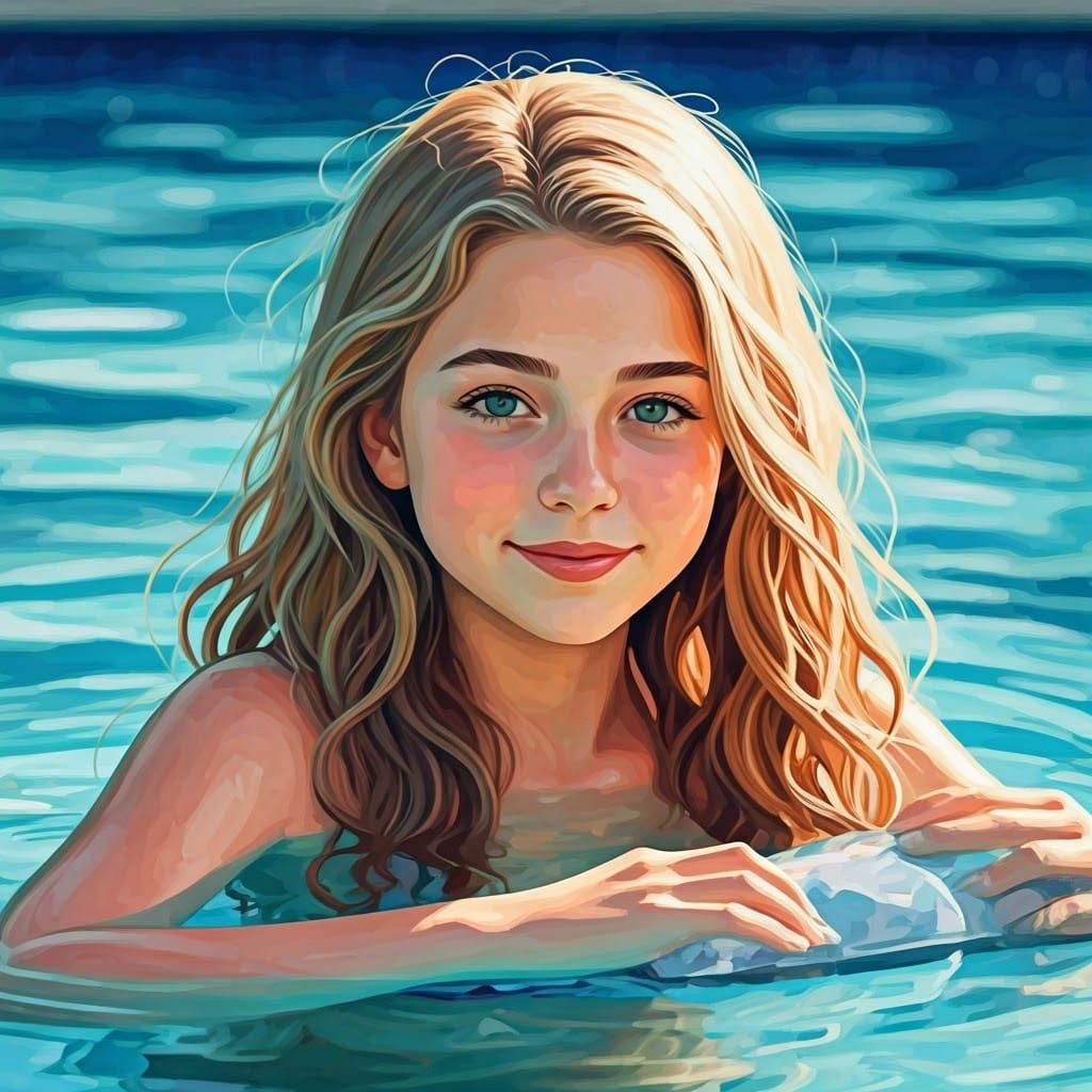 Teen Girl Relaxes in Pool: Impressionistic Digital Art