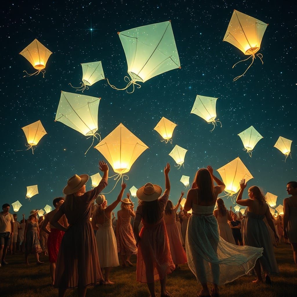 Bioluminescent Kite Festival Under a Cosmic Sky