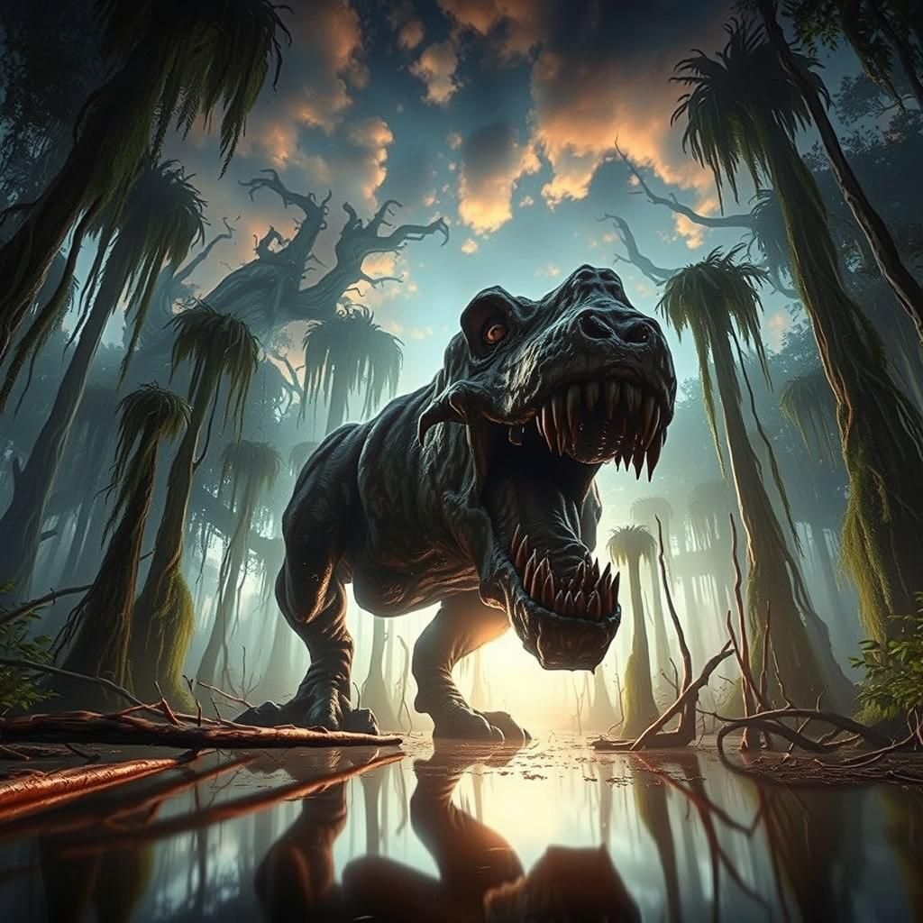 Eerie Swamp Landscape in Naive Art Style