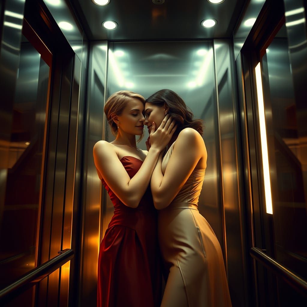 Two Women Share Intimate Moment in Modern Elevator