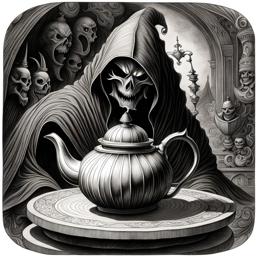 Evil Teapot Line Art with Death Figure