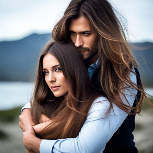 Touching Embrace: Long Hair Man and Woman Hugging