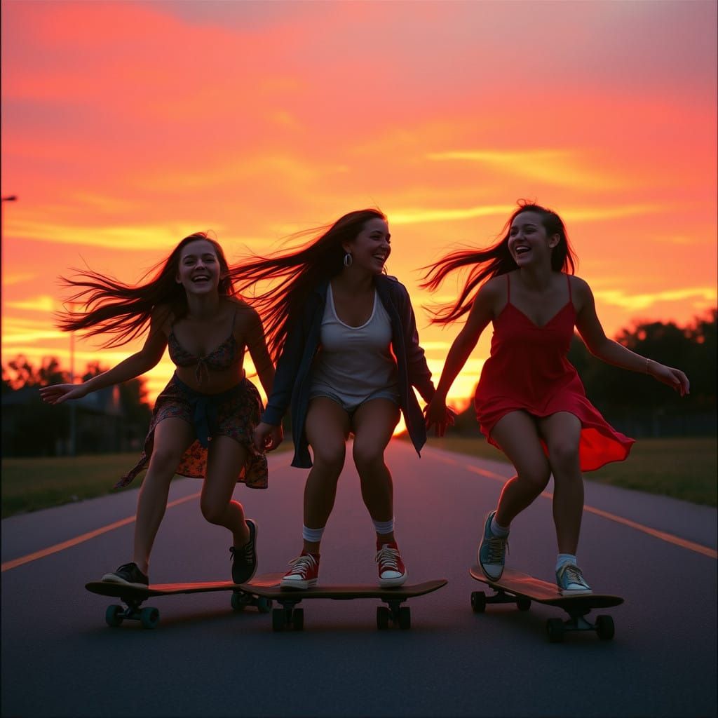 Carefree Adolescents Skate into Golden Sunset