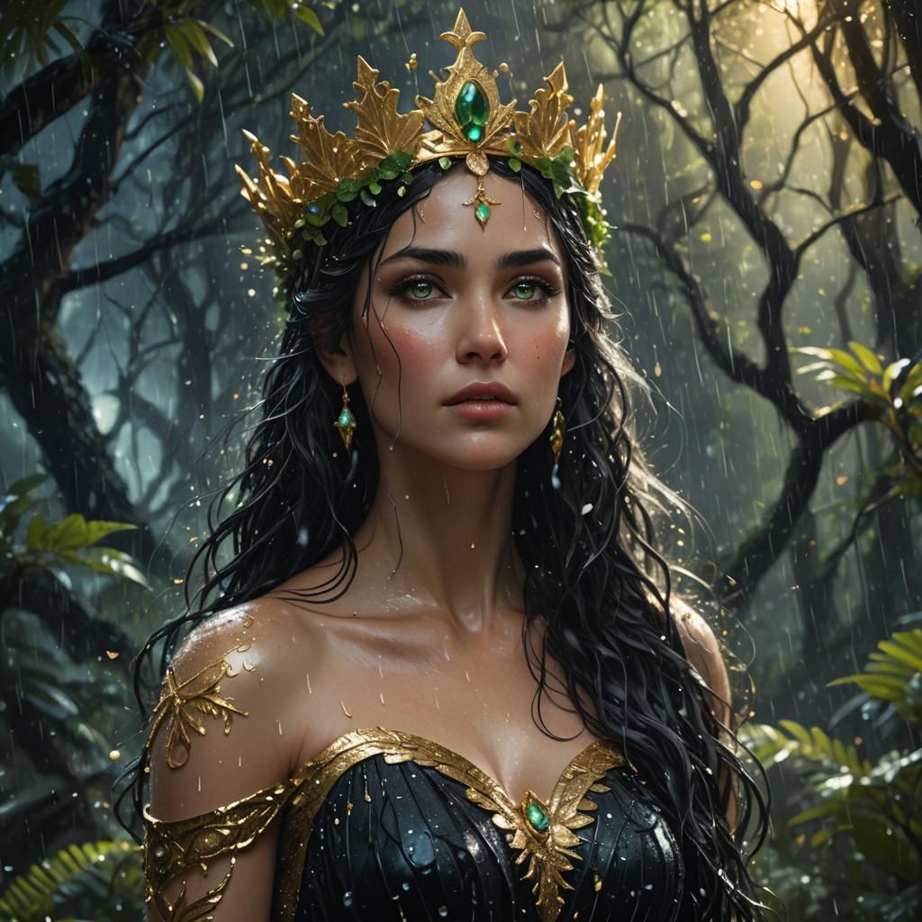 Goddess Aphrodite in a Rainy Starry Forest