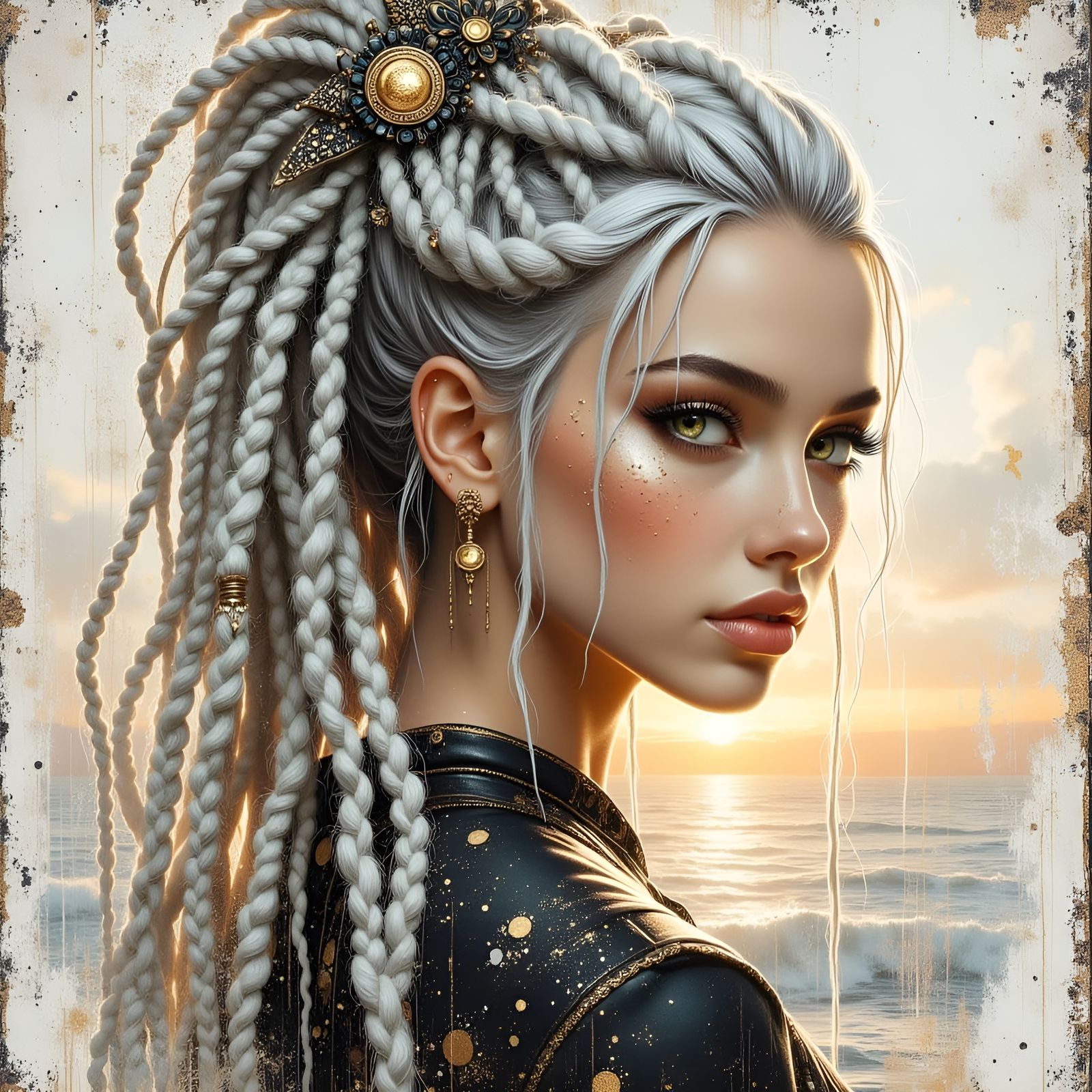 Majestic Sunset Goddess with Metallic Eyes
