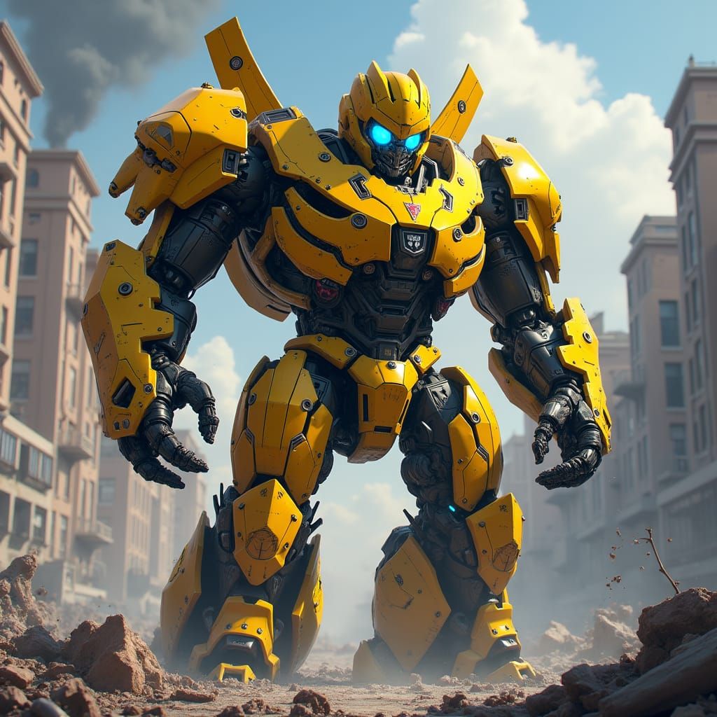 Armored Robot Hero in War-Torn City, Fantasy Concept Art