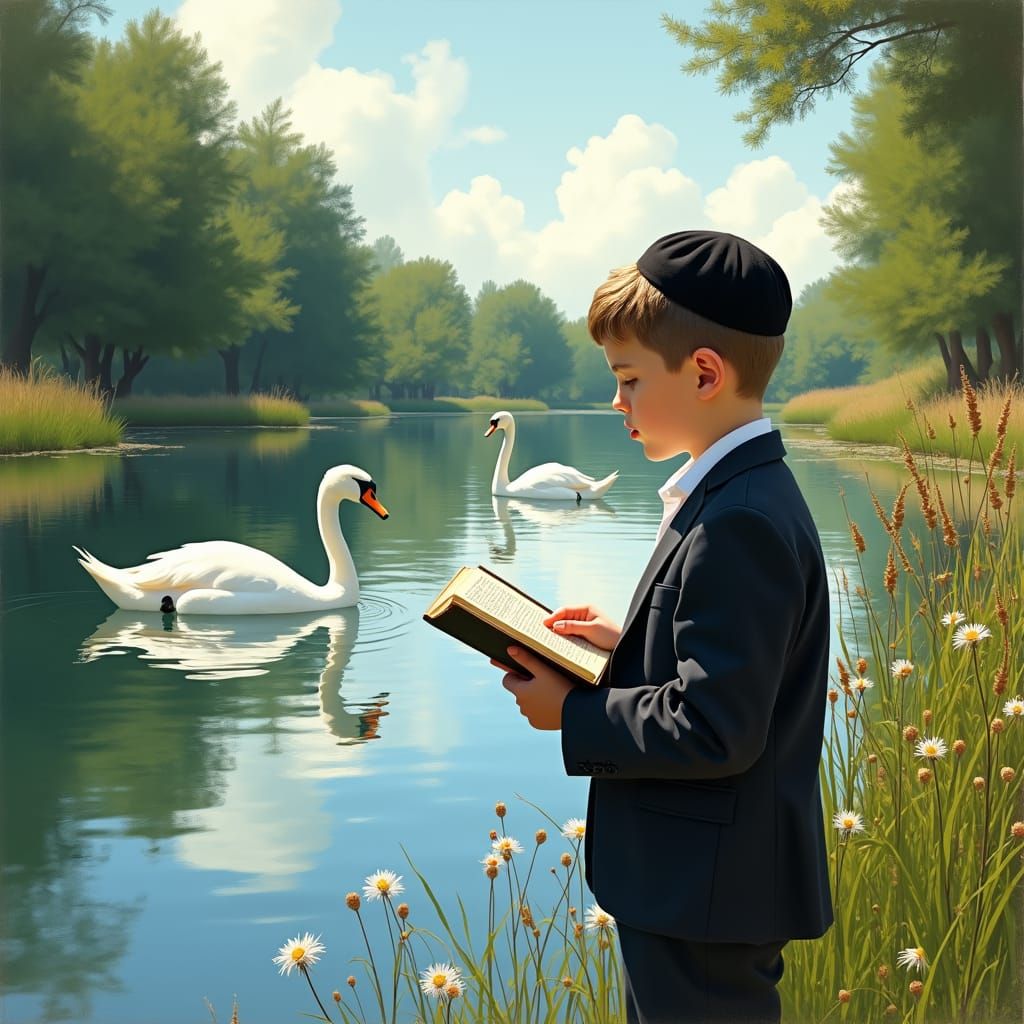 Boy Praying by Lake with Swans in Sunlight