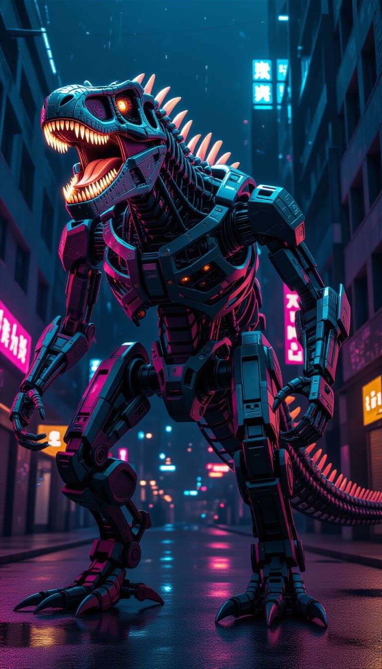 Cyberpunk Mecha Tyrannosaur in Neon Noir Style