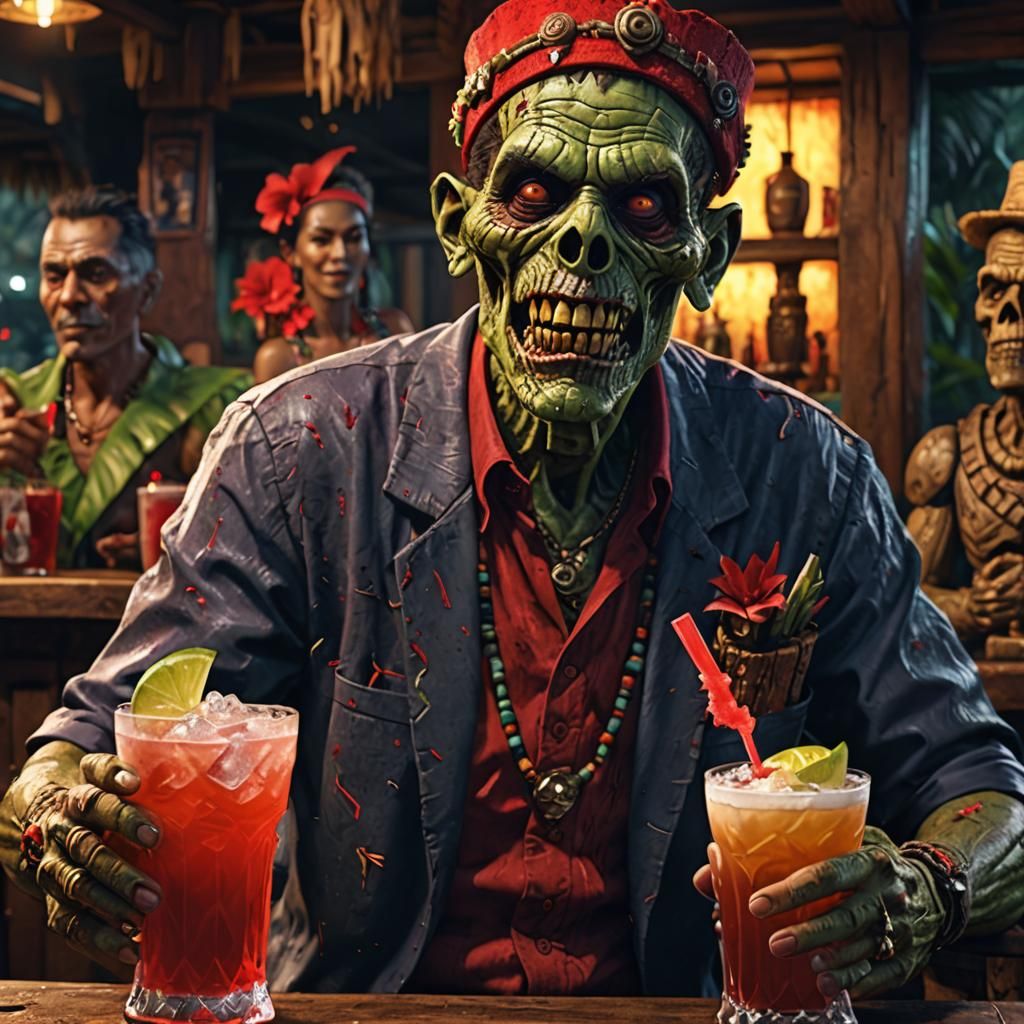 Zombie Enjoys Cocktail in Tiki Bar: Dark Fantasy
