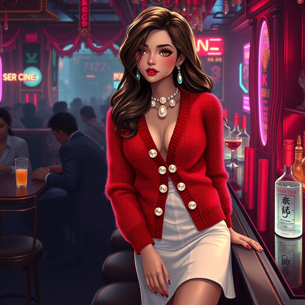 Brunette in Red Cardigan Leaning at Crowded Bar