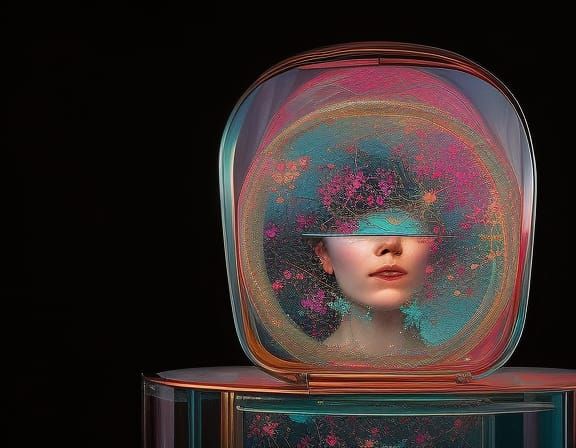 Surreal Portrait of Woman Emerging from Cracked Glass Box
