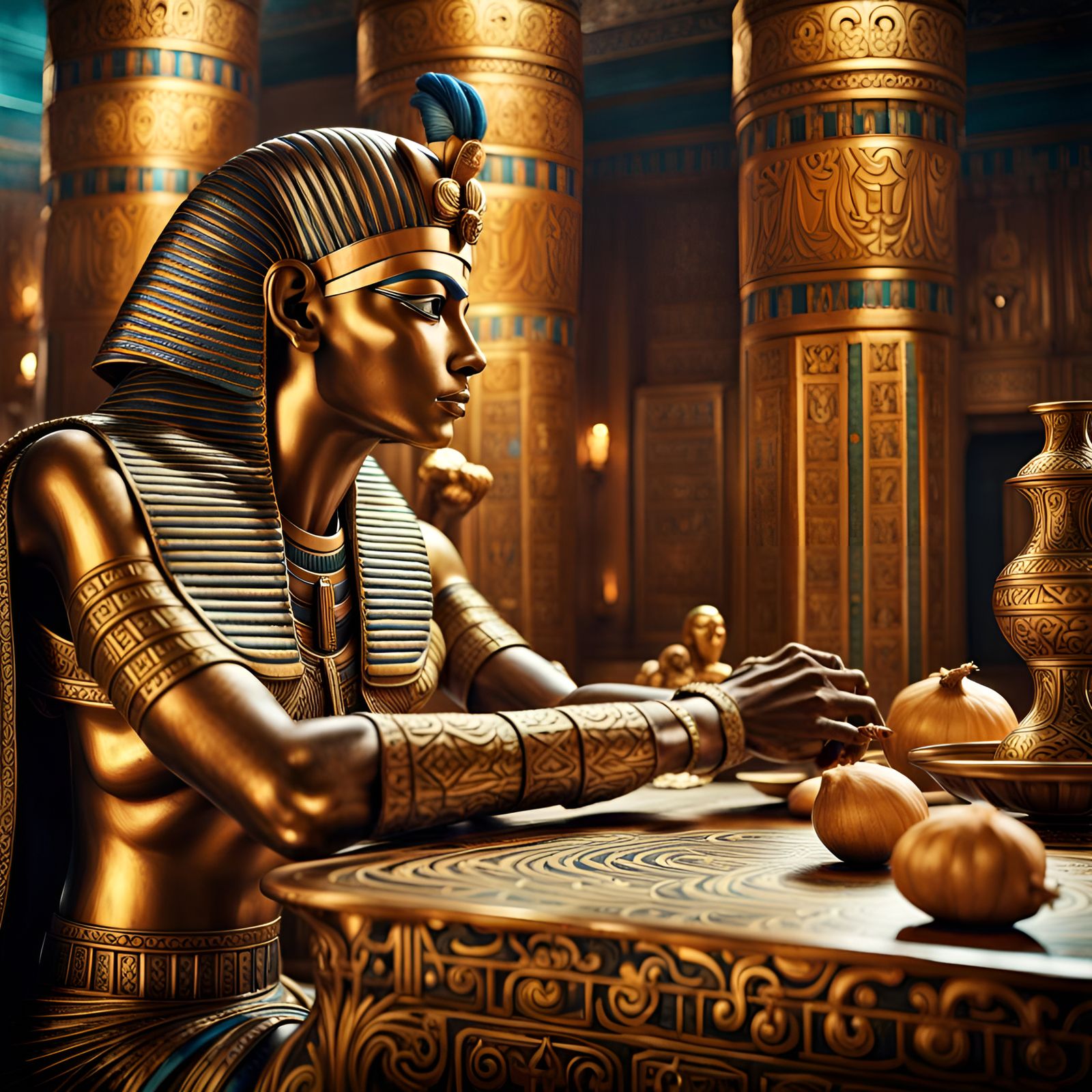 Pharao Tutanchamun looking to a garlic on table, background ...